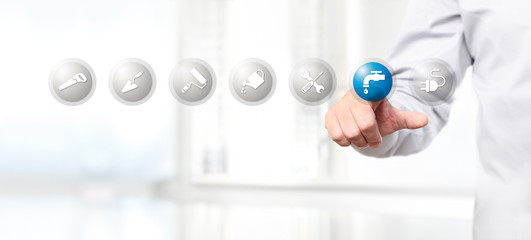 hand pushing on a touch screen interface plumber symbol icon, web banner