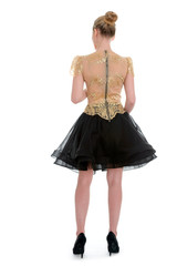 Fashion model wearing cocktail dress with emotions