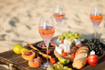 Refreshing  Rosa Wine in a Glass . Beach Cheers Celebration Friendship Summer Fun Dinner Concept.