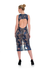 beautiful model with blond hair show printed blue dress for catalog standing back isolated on white