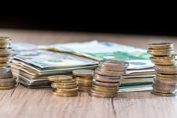 dollar and euro banknote with coin. close up