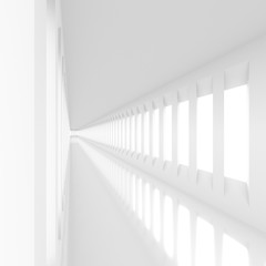 Obraz premium Futuristic empty white corridor with rectangular walls and windows. 3D Rendering.