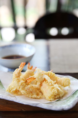Shrimp Tempura on wood background