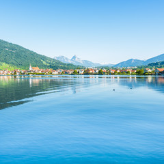 Fototapeta premium Switzerland. Arth-Goldau. Small towns in Europe. Switzerland. Arth-Goldau. Along the coast of Lake Zug.
