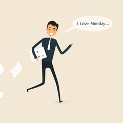Happy businessman and reports in a his hand with I love monday in the speech bubble.I love monday concept.Cartoon and businessman symbol, business concept.