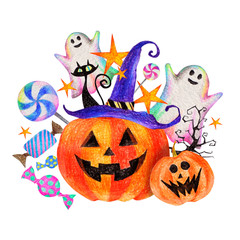 カラフルなハロウィン 色鉛筆画 イラスト