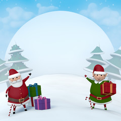 Christmas characters in a snowy winter landscape