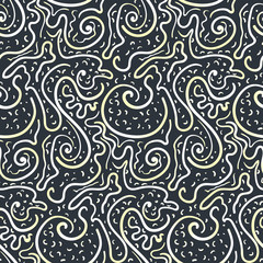 Abstract hand drawn doodle swirls and lines seamless pattern. Modern monochrome vector texture for textile, wrapping paper, cover, surface, background, wallpaper