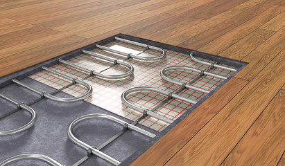 Underfloor heating system under wooden floor. 3D rendered illustration.
