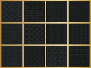 Abstract concept vector monochrome geometric pattern. Dark blue, gold minimal background. Creative illustration template. Seamless stylish texture. For wallpaper, surface, web design, textile, decor.