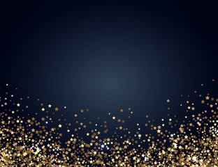 Festive horizontal Christmas and New Year background with gold glitter of stars. Vector illustration.