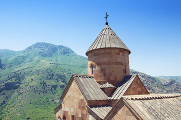 Monastery Noravank in the city of Yeghegnadzor, Armenia. Natural stone tuff. Landscape view of the mountains.	