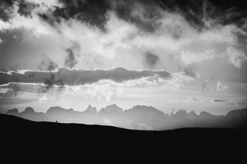 Black and white Dolomtic sunset silhouette  Veneto, Italy