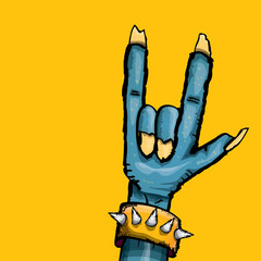 vector blue cartoon Zombie hand shows rock n roll gesture isolated on orange background with space for text .