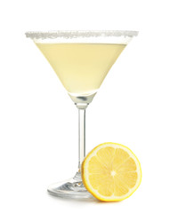 Glass of lemon drop martini with fruit on white background