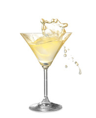 Glass of lemon drop martini with splash on white background