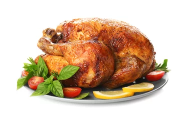 Muurstickers Plate with roasted turkey on white background © Africa Studio