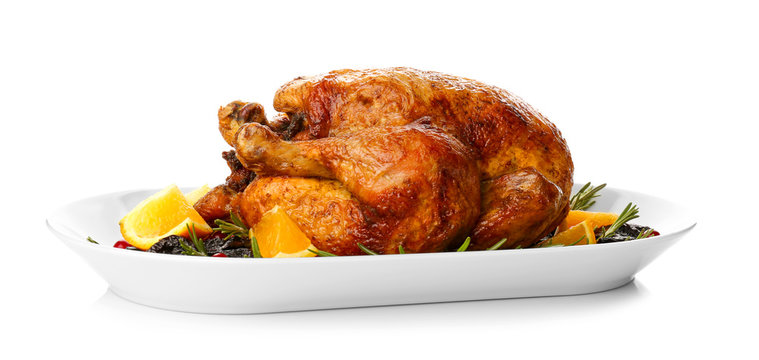 Plate With Roasted Turkey On White Background