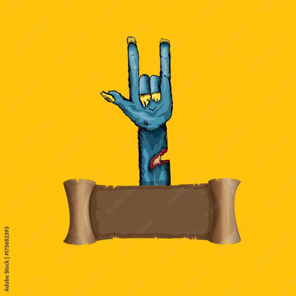 Wall mural vector blue cartoon Zombie hand shows rock n roll gesture isolated on orange background with space for text .