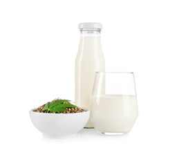 Composition with healthy hemp milk and seeds, isolated on white