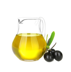 Pitcher with olive oil on white background