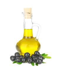 Pitcher with olive oil on white background