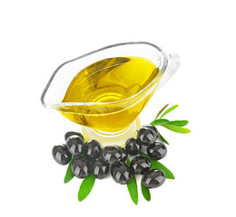 Gravy boat with olive oil on white background