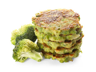 Delicious broccoli pancakes on white background, close up