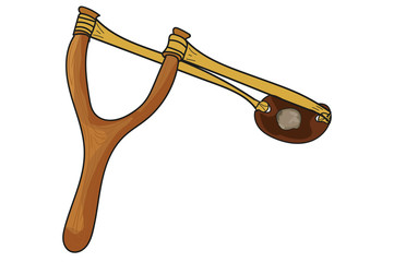 wooden slingshot with a stretched rubber band. slingshot is ready to fire.
