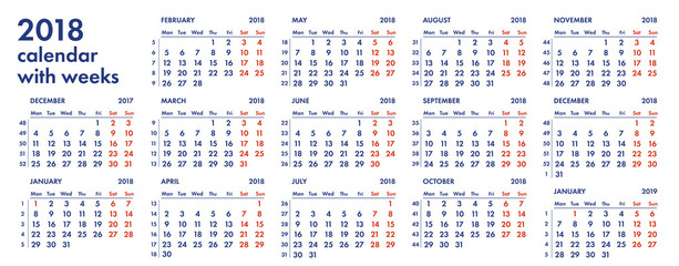 2018 calendar grid with weeks vector illustration