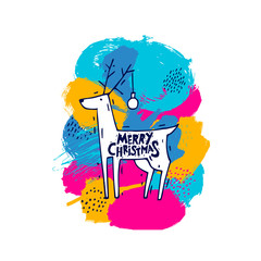 Merry Christmas and Happy New Year, lettering, color spots abstraction. Deer. Invitation, greeting card.