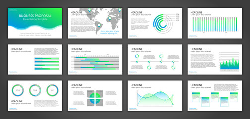 Business multipurpose presentation design template. Set of flat design slides. Infographic elements for data visualization in corporate presentation, flyer, banner, brochure, report. Infographic eleme