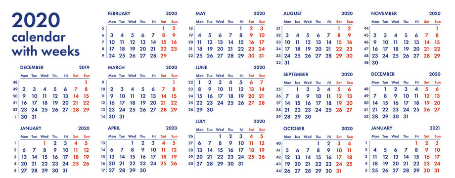 2020 calendar grid with weeks vector illustration