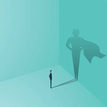 Businessman with superhero shadow vector concept. Business symbol of ambition, success, motivation, leadership, courage and challenge.