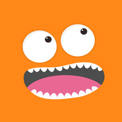 Screaming monster head. Boo Spooky face emotion. Big eyes, tongue, teeth fang, mouse. Square head. Happy Halloween card. Flat design style Orange background.