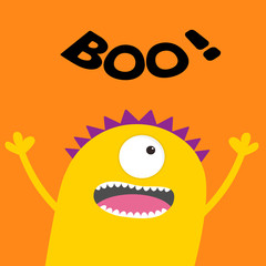 Happy Halloween card. Boo text. Screaming spooky yellow monster head silhouette. One eye, teeth, tongue, hands. Funny Cute cartoon character. Baby collection. Flat design. Orange background.