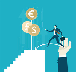 Businessmen jumping from the controlling him hand towards to the personal success. Leading, support, career and making the right decision concept illustration