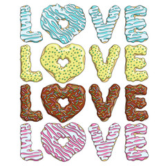 Set of colorful tasty inscriptions love from donuts. Isolated vector objects on white background.