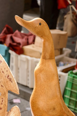 wooden duck on sale at street market, Chiavari , Italy