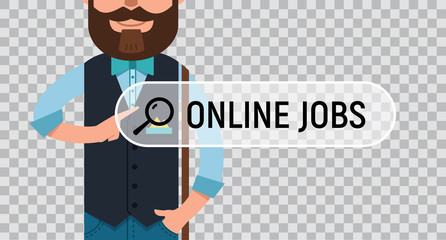 JOB SEARCH. Man is writing ONLINE JOB on virtual screen.