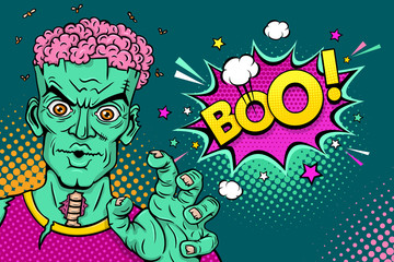 Cartoon hand drawn zombie with brains out rises his hands and Boo! speech bubble. Vector illustration in retro comic style. Colorful pop art background. Halloween monster party invitation poster.
