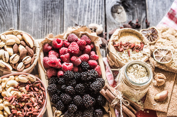 still life with raspberries and nuts