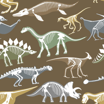 Dinosaurs skeletons silhouettes bone tyrannosaurus prehistoric animal dino bone vector flat illustration seamless pattern