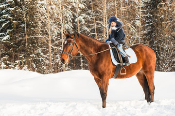 Small girl and horse in a winter