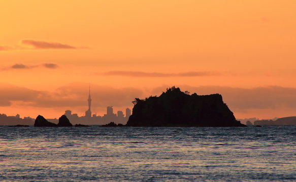 Silhouette Of Auckland As Seen From Waiheke Island