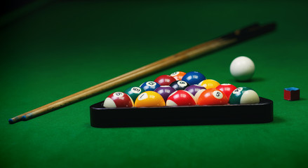 Billiard balls pool on green table