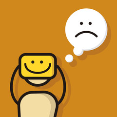 Cartoon character feeling sad but acting happy to hide his true emotions. Vector concept illustration in eps10