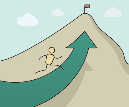 Cartoon stickman character climbing the mountain towards its peak where a flag stands symbolizing success. Vector concept illustration design in eps10