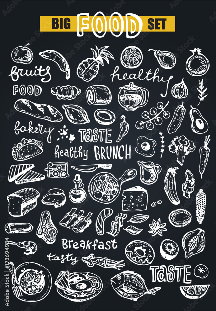 Wall mural hand drawn doodle food illustration. big set healthy food