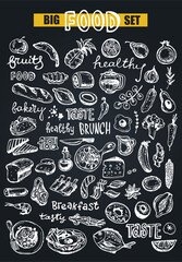 Hand drawn doodle food illustration. Big set Healthy food - obrazy, fototapety, plakaty